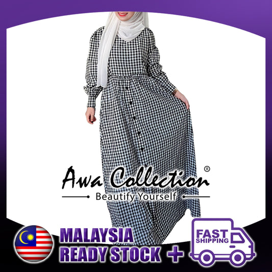 LALEESA Awa Collection DA124135 DRESS NADAA Ruffled Cuffs Puff Sleeve Plaid Long Dress Muslimah Dress Women Dress