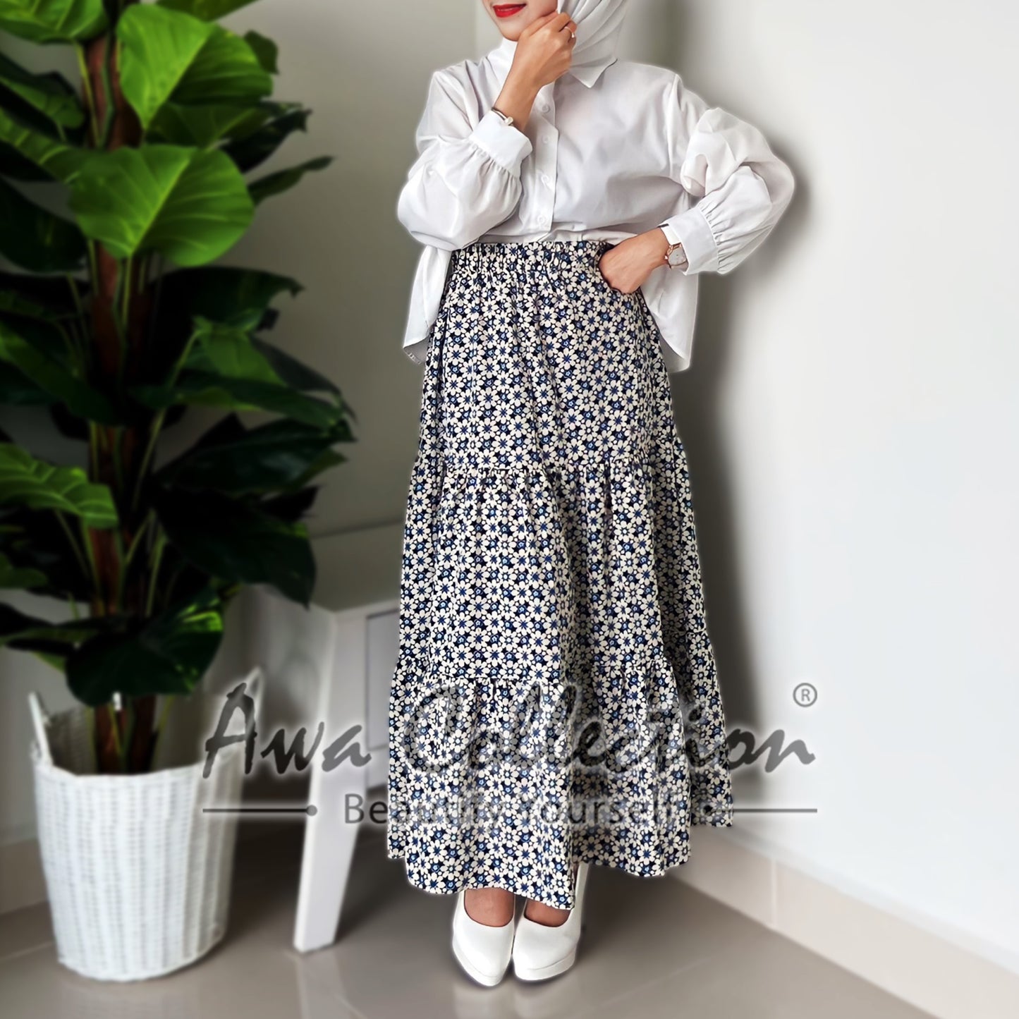 LALEESA Awa Collection BA506556 SKIRT QAIFA Casual Pleated Tiered Skirt Muslimah Skirt Labuh Skirt Pencil Skirt