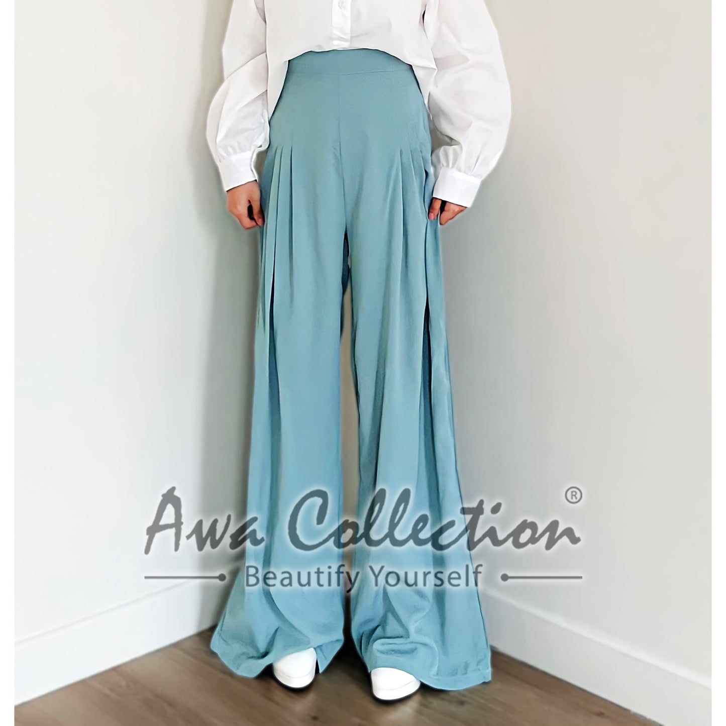LALEESA Awa Collection BA505565 PANTS NASHWA High Waist Sage Wide Leg Trouser Pants Women Pants Seluar Perempuan